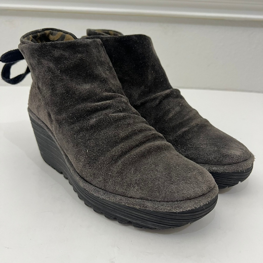Fly London Yebi Suede Wedge Booties Womens 38 US 7.5 Gray Back Bow Gorpcore